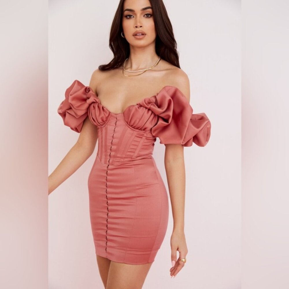 NWT House of CB Annabelle Rose Pink Satin Ruffle Strapless Mini Dress Size M - Picture 9 of 11